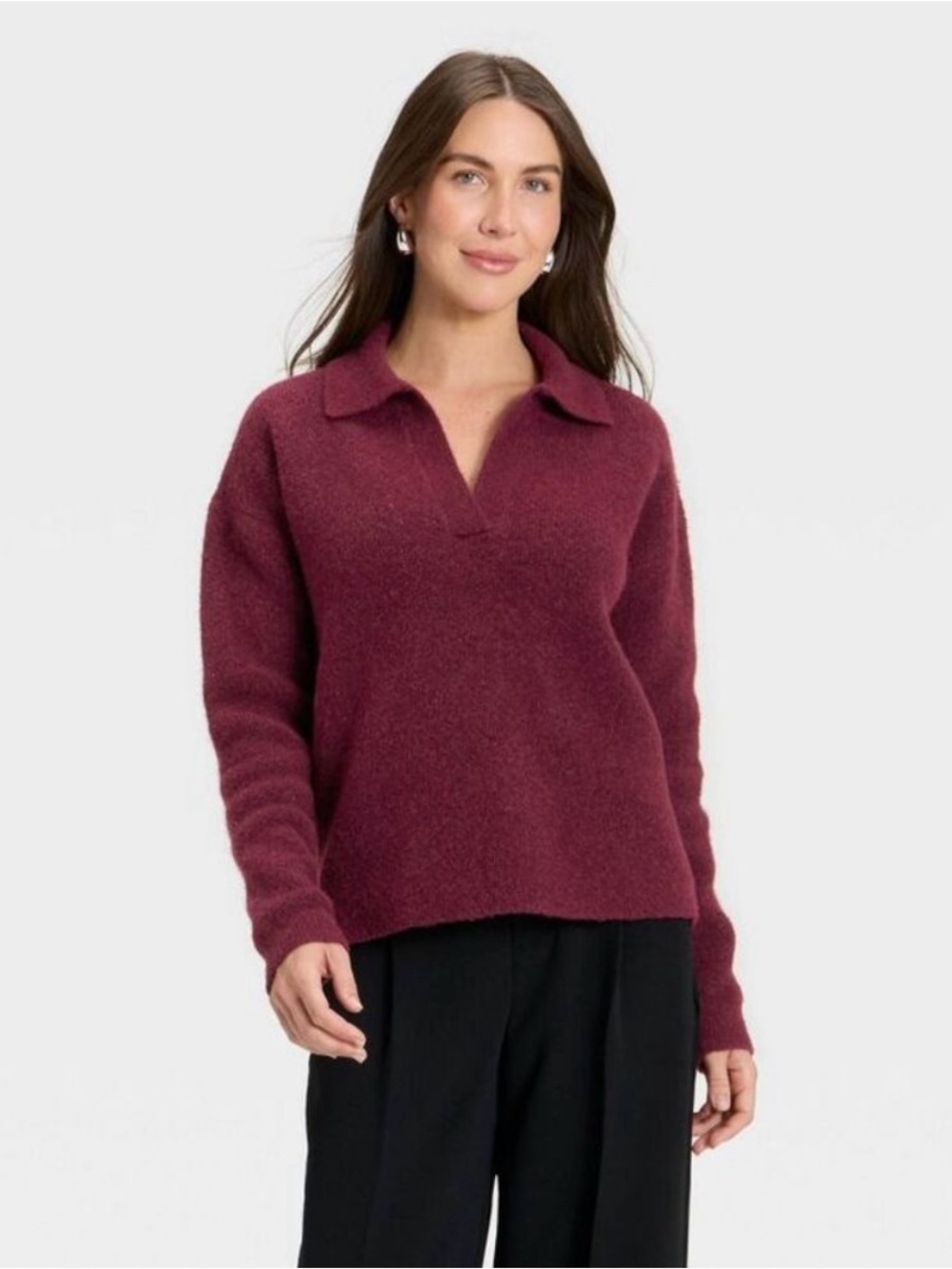 a new day Soft V‑Neck Polo Sweater in Burgundy